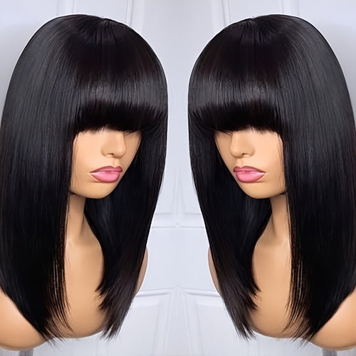 Straight Bob Wig with Bangs Heat Resistant Synthetic Hair 180% Density Blunt Cut Black Rose Net Cap Women Business Office Party Daily Wear 16 Inch