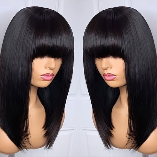 16" Blunt Cut Straight Bob Wig with Bangs - Heat Resistant Synthetic Hair, 180% Density Rose Net Cap, Silky Straight Black Wig for Women & Men, Business, Party & Daily Wear