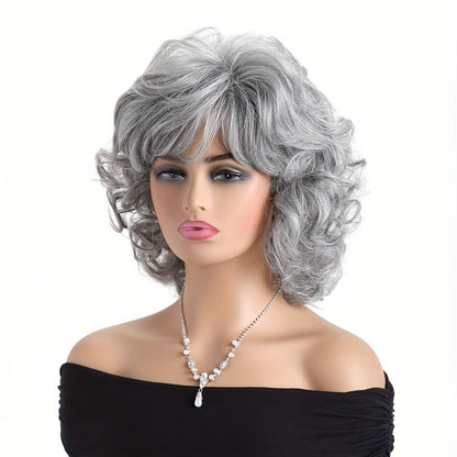 Curly Wig with Slanted Bangs Short 14 Inch — Heat Resistant Synthetic Rose Net Cap, Grey Mixed Dark Brown Light Brown Colors for Women Daily Wear Halloween Festivals Cosplay