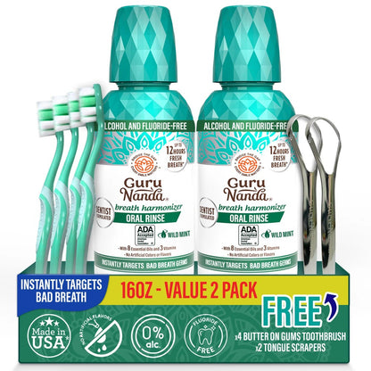 Mouthwash Alcohol Free Fluoride Free 2 Pack 16 oz GuruNanda Fresh Breath Oral Rinse with Essential Oils Sodium Chlorite Vitamins D3 E K2 ADA Accepted Wild Mint 24 Hour Fresh Breath for Adults