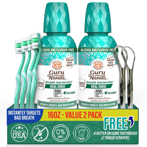 Mouthwash Alcohol Free Fluoride Free 2 Pack 16 oz GuruNanda Fresh Breath Oral Rinse with Essential Oils Sodium Chlorite Vitamins D3 E K2 ADA Accepted Wild Mint 24 Hour Fresh Breath for Adults