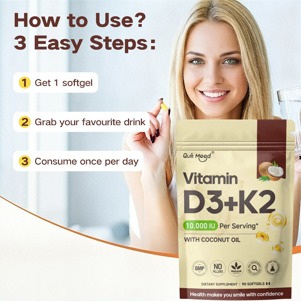 Vitamin D3 10000 IU and Vitamin K2 200 mg: Promote calcium absorption and maintain bone and heart health. Extra virgin coconut oil softgels - 90capsules.