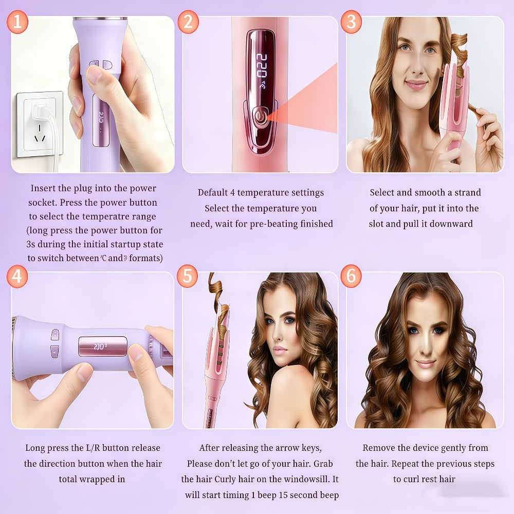 Automatic Rotating Curling Iron 4 Temperature Settings Negative Ion Ceramic Barrel Anti-Tangle Auto Shut-Off Dual Voltage 110-240V Fast Heat 30s Beginner-Friendly Gift for Women