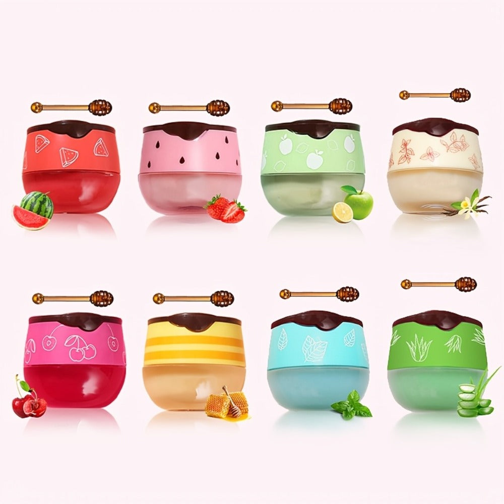 Set of 8 Lip Balms in Honey Pot, Featuring Flavors Like Honey, Strawberry, Apple, Watermelon, Cherry, Vanilla, Mint, And Aloe, Designed for Overnight Hydration And Moisturizing with Propolis