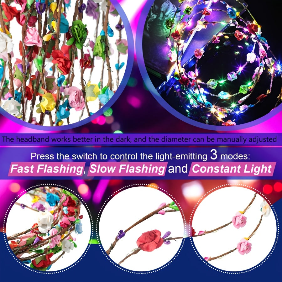 36pcs LED Flower Crowns Headbands, Flower Crowns For Women, Fiber Optic Lights, Light Up Party Favors, Mardi Gras Light Up Headbands Tiara Flower Crown Accessories For Wedding Beach Party Birthday Cosplay Halloween Christmas Day