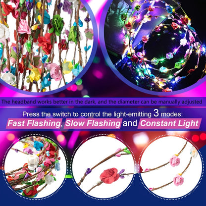 LED Flower Crown Headbands 36 Pack Light Up Floral Headband Fiber Optic Glow Party Favors for Women Girls Wedding Birthday Halloween Mardi Gras Cosplay Beach Festival Tiara Accessories