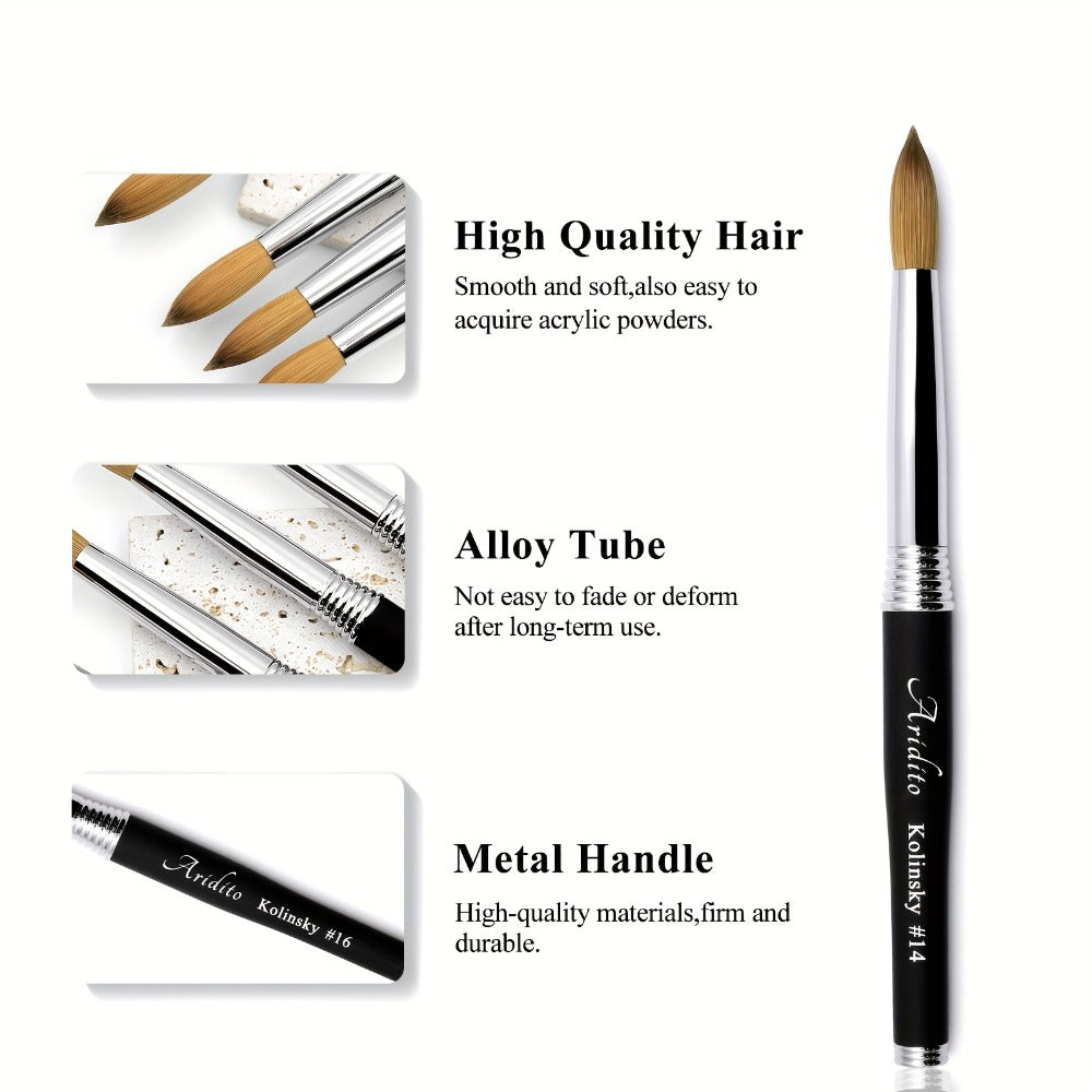 Aridito 100% Pure Kolinsky Round Head Acrylic Nail Art Brush with Black Metal Handle for Professional Manicure And Home Salon (#12 #14 #16 #18)