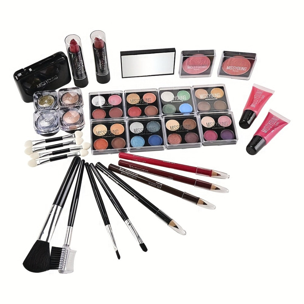 Makeup Set 56pcs Professional Full Face Kit Eyeshadow Lipstick Blush Lip Gloss Eyebrow Pencil Glitter Powder Brushes for Beginners Wedding Stage Holiday Gift