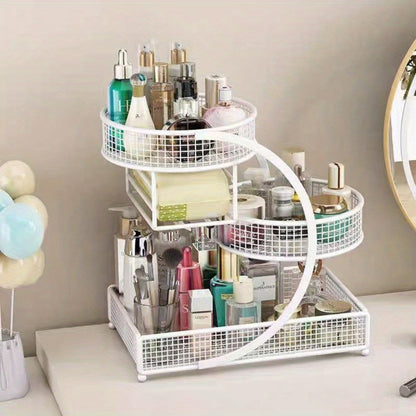3-Tier Metal Cosmetic Organizer with Tissue Box Holder No-Installation Countertop Storage Rack for Bathroom Dresser Vanity Makeup Skincare Black White