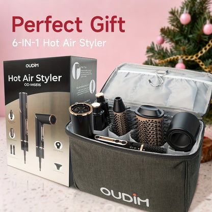 Hot Air Brush 6-in-1 Negative Ion Hair Dryer Bru1sh & Styler — 110,000 RPM High-Speed Blow Dryer Brush with Curling Iron, Straightener, Auto-Winding Curler & Foldable Handle