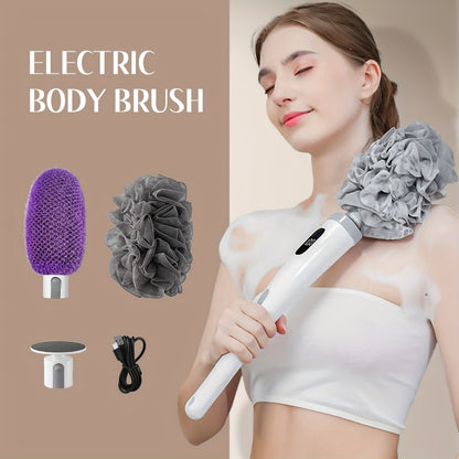 Electric Body Scrubber Brush with 3 Replaceable Heads - Dual Speed Shower Back Cleaner African Bath Sponge for Skin Exfoliation Cleansing & Massage
