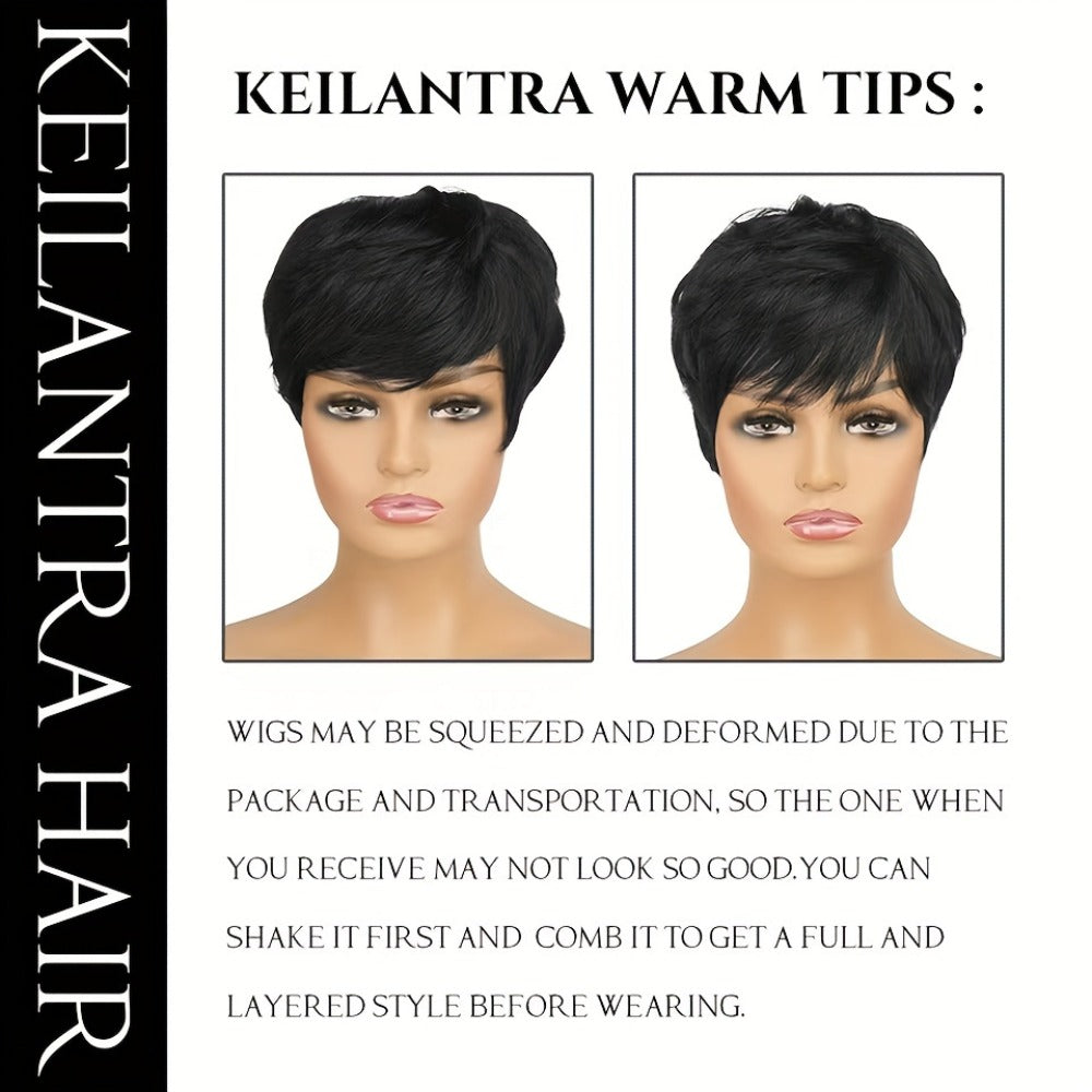 Women'S Pixie Cut Wig with Bangs, Human Hair, Straight, Non-Lace, Rose Net Cap, 180% Density, Machine Made, Glueless, Suitable for African Women - Basic Style