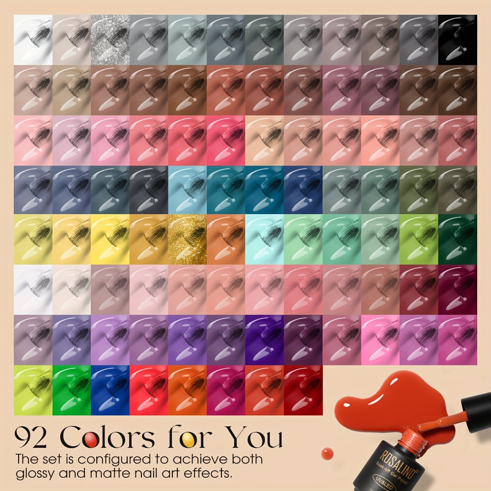 ROSALIND 100pcs Gel Nail Polish Set-92pcs Colorful Soak Off Gel Polsih with 8 Bottle Gel Base Top Coat Matt Top Coat Gel Nail Polish for All Season Nail Art Salon Gift Or Home