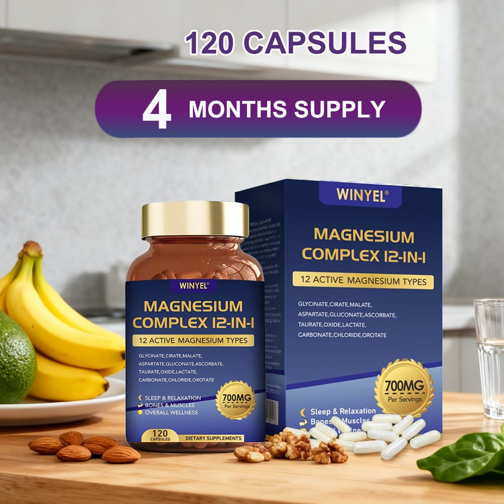 12-in-1 Magnesium Complex Supplement 700 MGwith Glycine, Citrate, Malate, Oxide, Taurine, Aspartate, And Magnesium Phosphate for Sleep, Mood, Nerve, Heart Health, Muscle Function, 120 Capsules