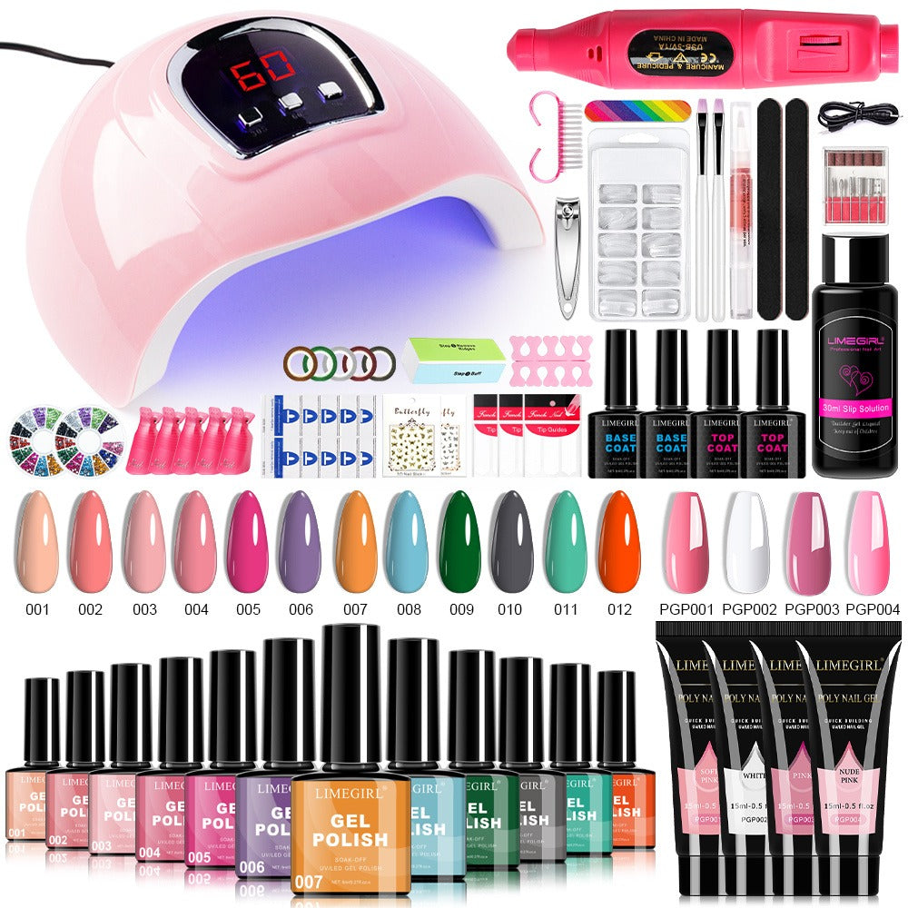 New Year 12 Colors Gel Nail Polish Kit with Nail Lamp Electric Nail Drill, 4 Colors Poly Extension Gel Nail, Nail Cutter, Nail Glitter, Top Coat Base Coat, Nail Art Design Gel Kit Valentine's Day Gift