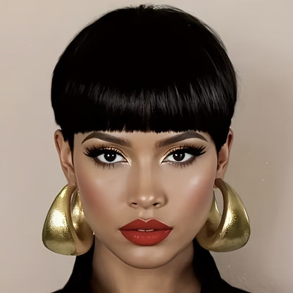 Human Hair Pixie Cut Wig with Bangs 180% Density No Glue Machine Made Breathable Cap Women Black Burgundy Short 6 Inch Daily Wear Party