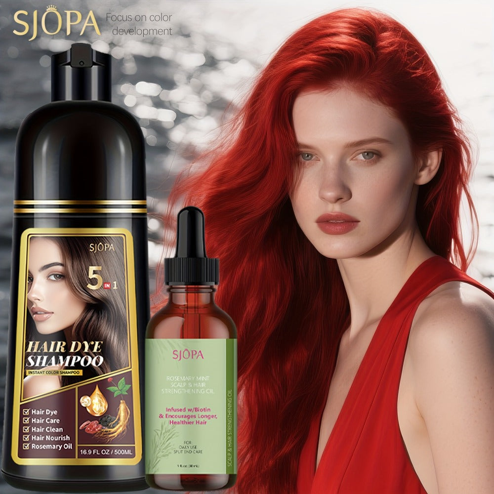 Hair Coloring Shampoo with Rosemary Hair Oil Gift Set — 5-in-1 Color & Care Formula, Moisturizing Glycerin, Gentle Non-Irritating, 16.91 oz Shampoo + Rosemary Oil, 12 Shades Available