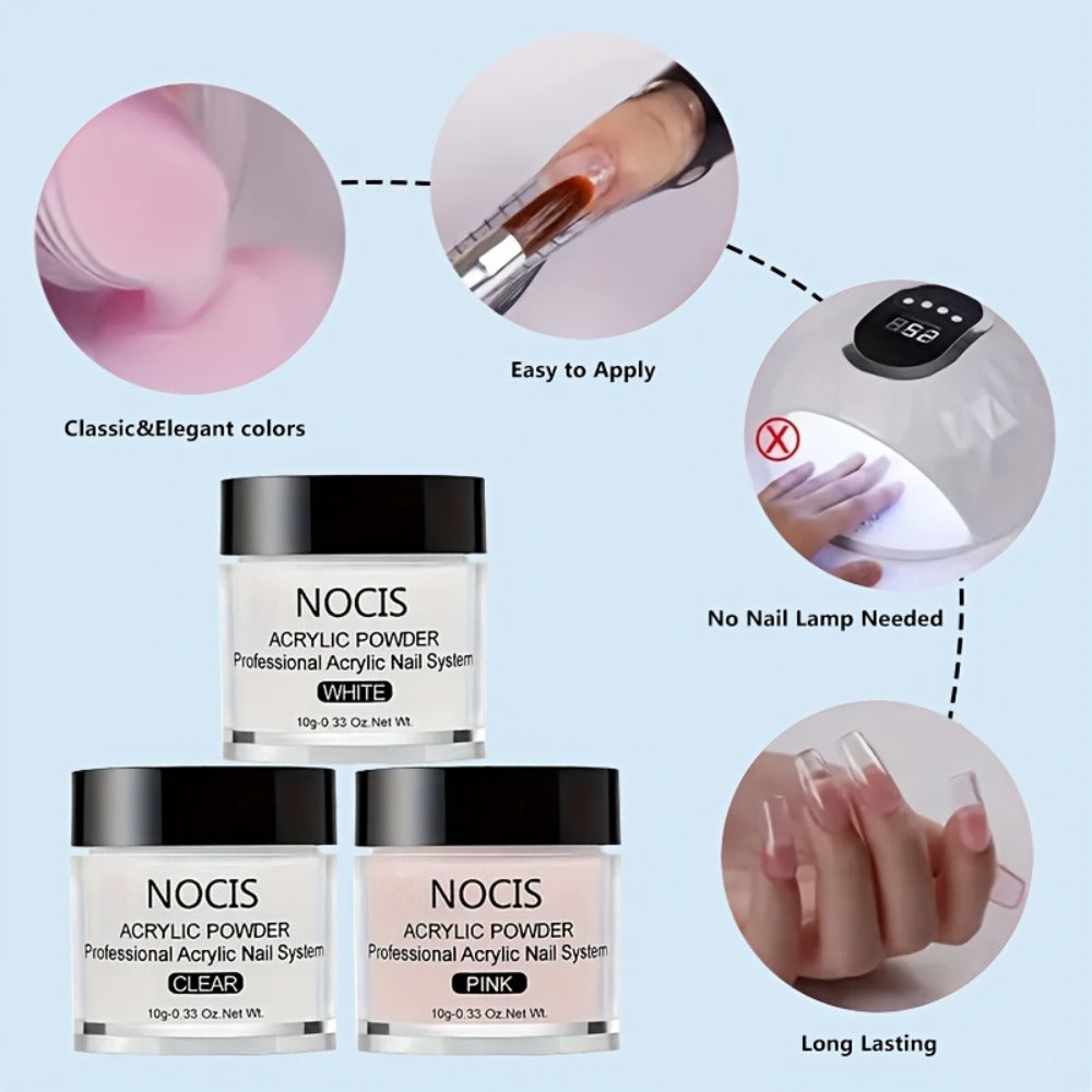NOCIS Nail Art Kit: Clear White Pink Acrylic Powder, Liquid Monomer And Brush Set for Extensions, Carving And Manicure - Perfect Gift for