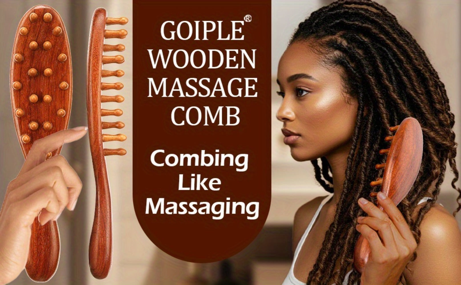 Goiple Wooden Loc Comb&Comfortable Scraping Massage Tools Ergonomic Wide Tooth Comb for Dreads, Detangling & Massage Hair Styling Tool for Curly Hair, Locs, Twists And Braids, Styling Tool for Men, Women, Suitable for All Hairstyles, Braid Hair Brush