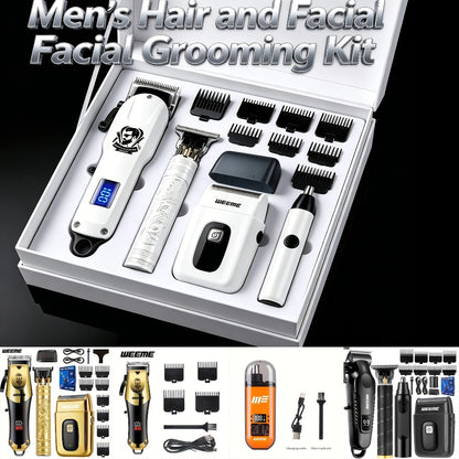 Men's Grooming Kit - USB Rechargeable Hair Clipper, Nose Trimmer, Electric Shaver & Detail Trimmer Set, Zinc Alloy Body, 3500mAh Battery, White Black Gold