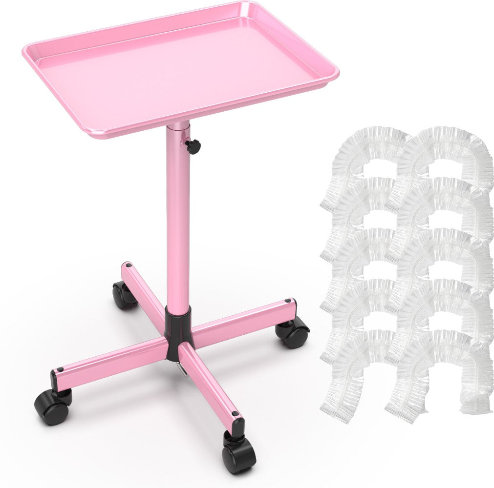 Premium Salon Tray Cart - Tattoo Tray in Gold & Pink, Adjustable Height Rolling Trolley for Spa, Salon & Hairstylist – Mobile Utility Tray with 10 Disposable Salon Tray Covers (Fits Trays ≤ 27.5in) for Storage & Organization
