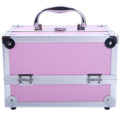 Makeup Train Case with Wheels - Large Aluminum Cosmetic Trolley Organizer, Lockable Travel Makeup Artist Box with Adjustable Dividers, Black Silver Pink