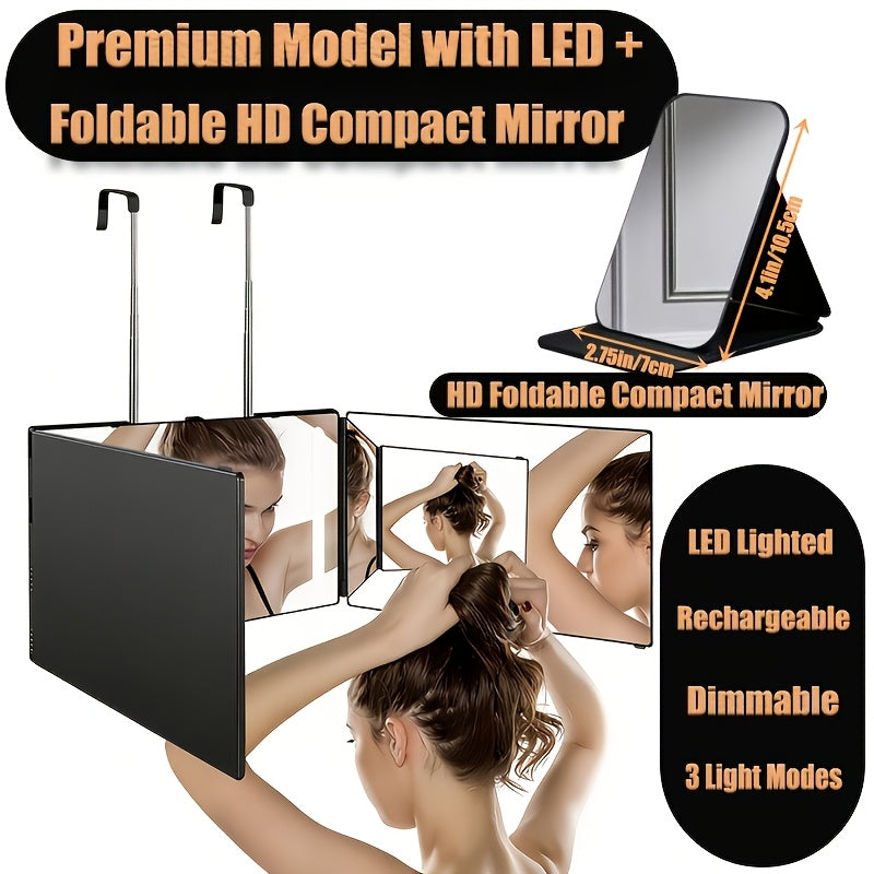 360-Degree Viewing Angle Hair Cutting Mirror, 3-Way Self Haircut Mirror with Clear Anti-Fog HD Glass, USB Rechargeable, Beauty And Personal Care, Barber's Mirror, An Ideal Choice for Gifts, Wedding Makeup Mirror Which Can Illuminate Your Beauty