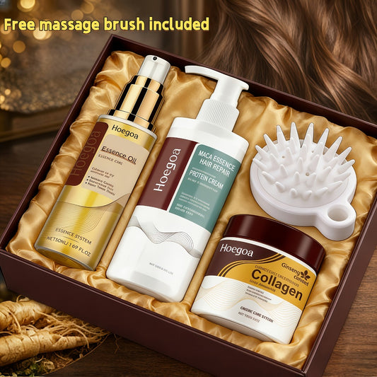 3pcs Collagen Hair Care Set, Comes With Head Massage Brush, Collagen Hair Mask, Keratin Free Wash Conditioner, Collagen Hair Care Essential Oil, Contains Moroccan Nut Seed Oil, Rosemary, Repairs Damaged Hair, Moisturizes, Perfect Girl Gift