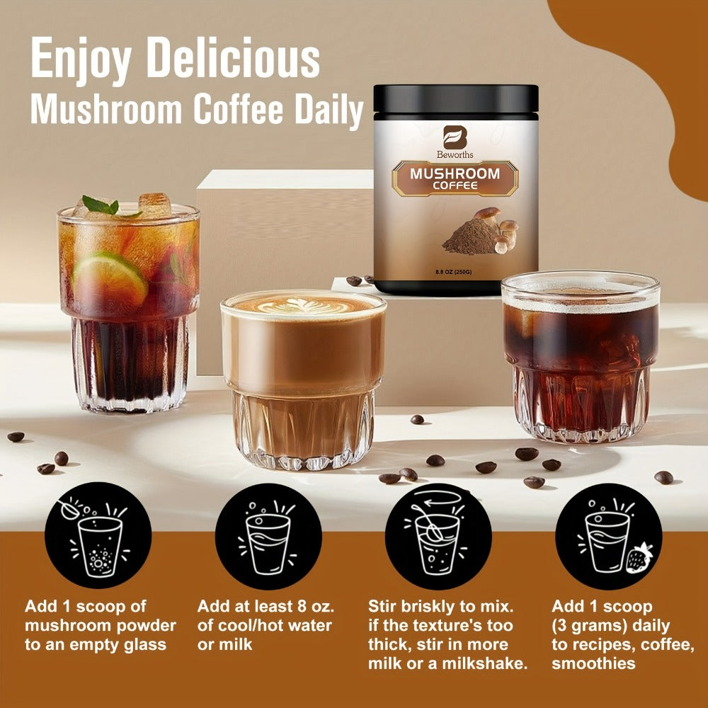 Mushroom Coffee-Instant Coffee Mixed with Ganoderma Lucidum, Cordyceps Sinensis, Lion'S Mane, Chaga And Turkey Tail Mushrooms-250G/8.8Oz