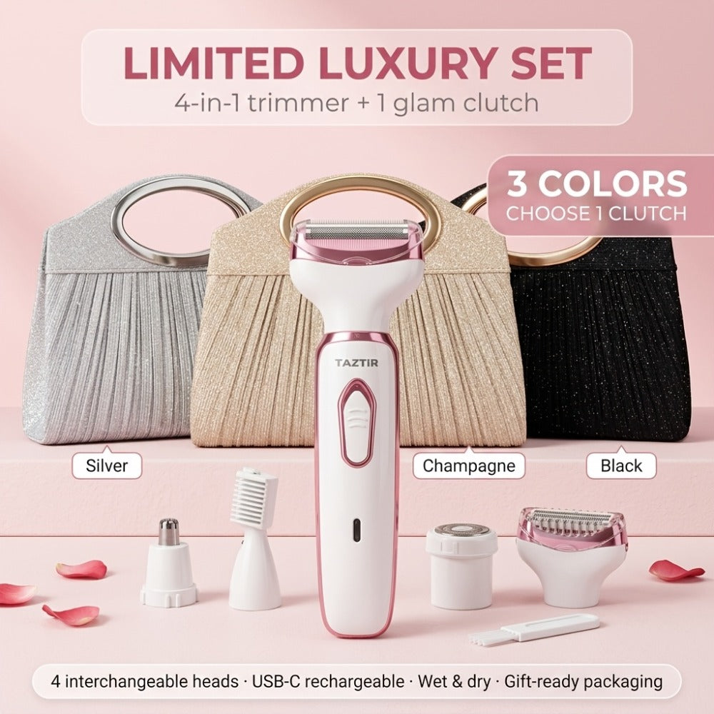 Electric Razor for Women, 4-in-1 Rechargeable Grooming Kit | Limited Luxury Set | Ultimate Shaving Care Gift, Lady Electric Shaver for Face, Nose, Legs And Underarm, Bikini Trimmer for Women Wet & Dry Painless, Hair Razor Rechargeable & Portable