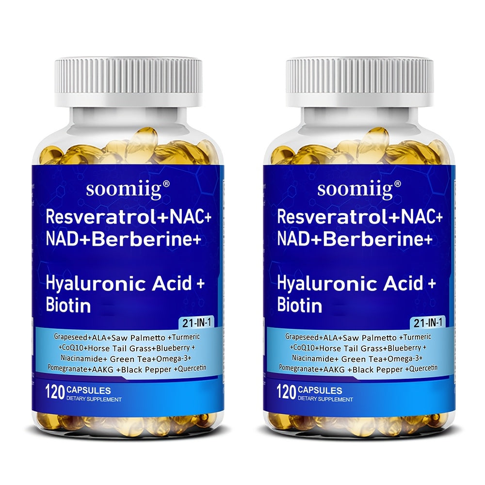 [120 Capsules] Resveratrol + NAC + NAD + Collagen Peptides + Hyaluronic Acid + Thiamine Supplement, Containing Saw Palmetto, Coenzyme Q10, Quercetin, Omega-3 And Black Pepper, Supports Mood, Hair, Nail And Eye Health, 120 Capsules (Optional 1/2/3 Bottles)