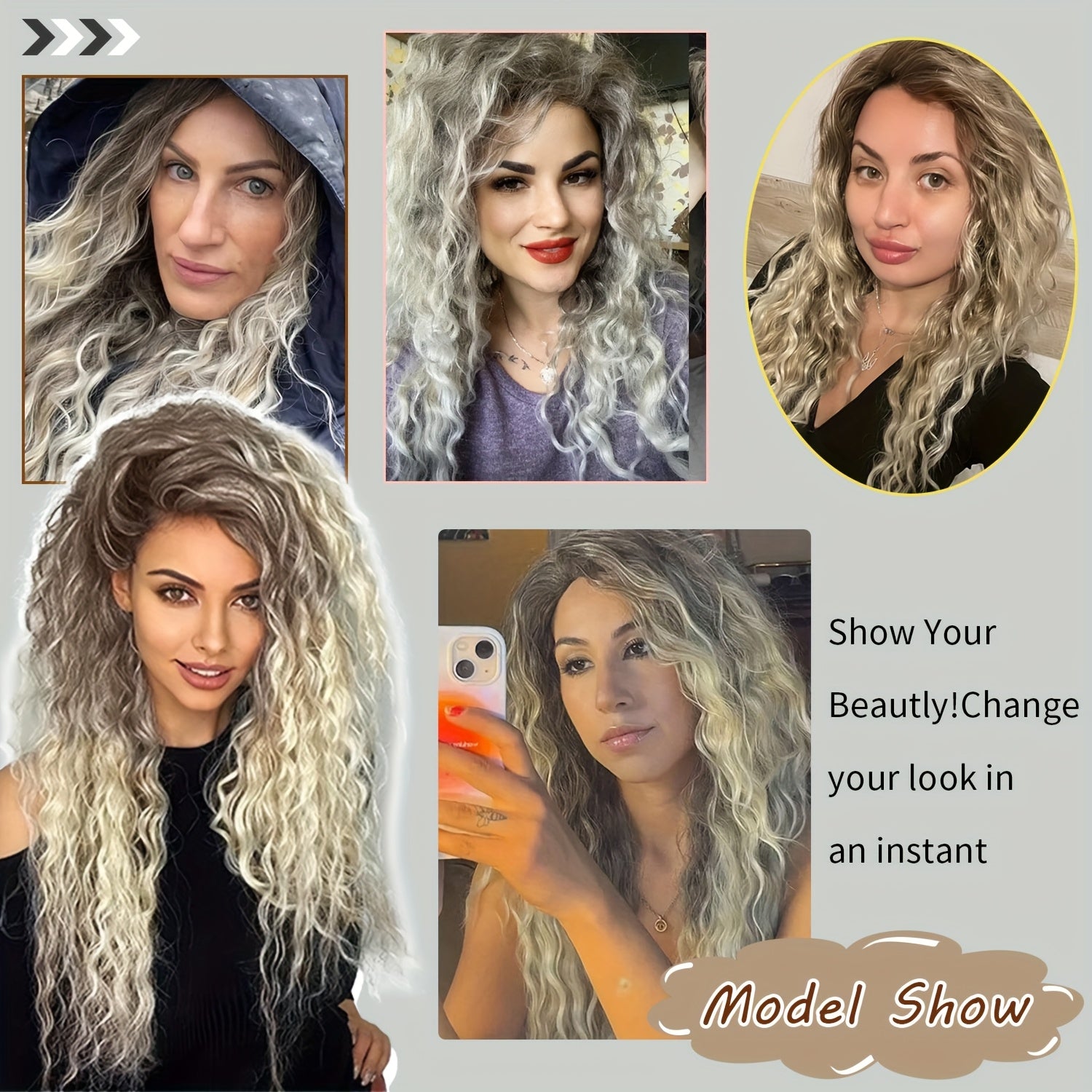 Ombre Ash Blonde Brown Curly Wig Long Wavy Middle Part Natural Looking Dark Roots Synthetic Wigs for Women 80s Halloween Carnival Party Wig Costume Party Or Daily Use 28 Inches