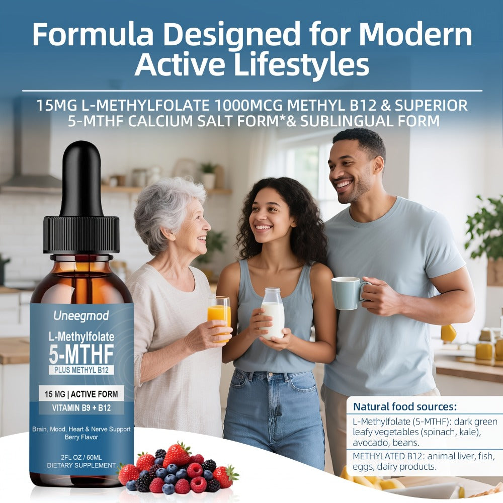 [L Methylfolate 15mg] Uneegmod L Methylfolate 15mg Methylated B9 Vitamin (5-Mthf) Active Folic Liquid Supplement Drops Acid-Enriched with Vitamins B12 Methylated Multivitamin 2fl.oz Gluten Free Berry Flavor