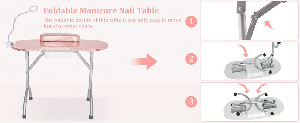 Foldable Nail Table for Manicures, Featuring a Drawer, LED Lamp, Four Lockable Wheels, And a Carrying Bag, Designed for with a Wrist Cushion