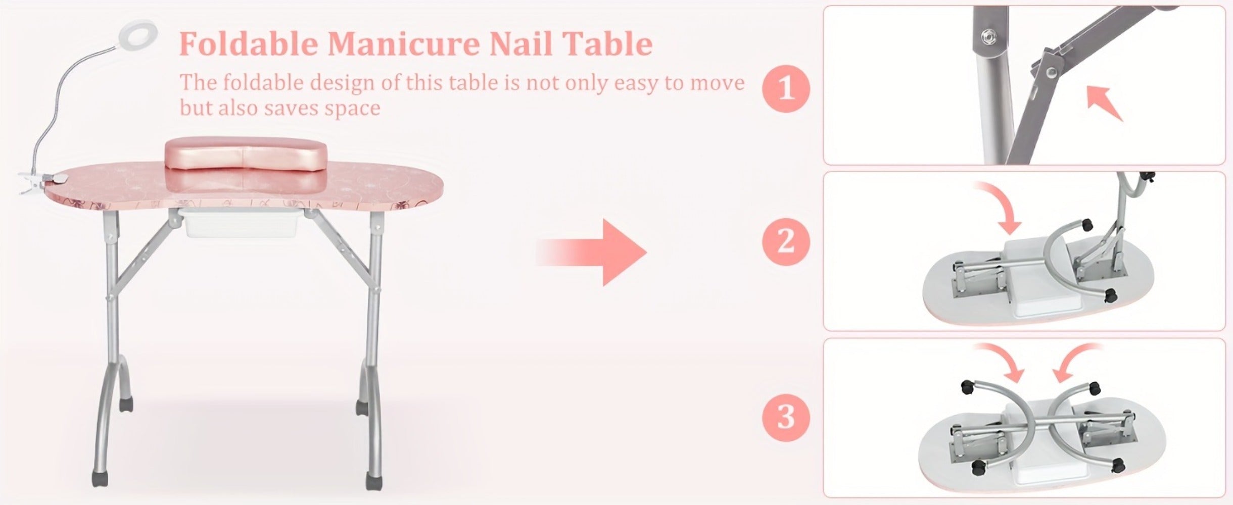 Foldable Nail Table for Manicures, Featuring a Drawer, LED Lamp, Four Lockable Wheels, And a Carrying Bag, Designed for with a Wrist Cushion
