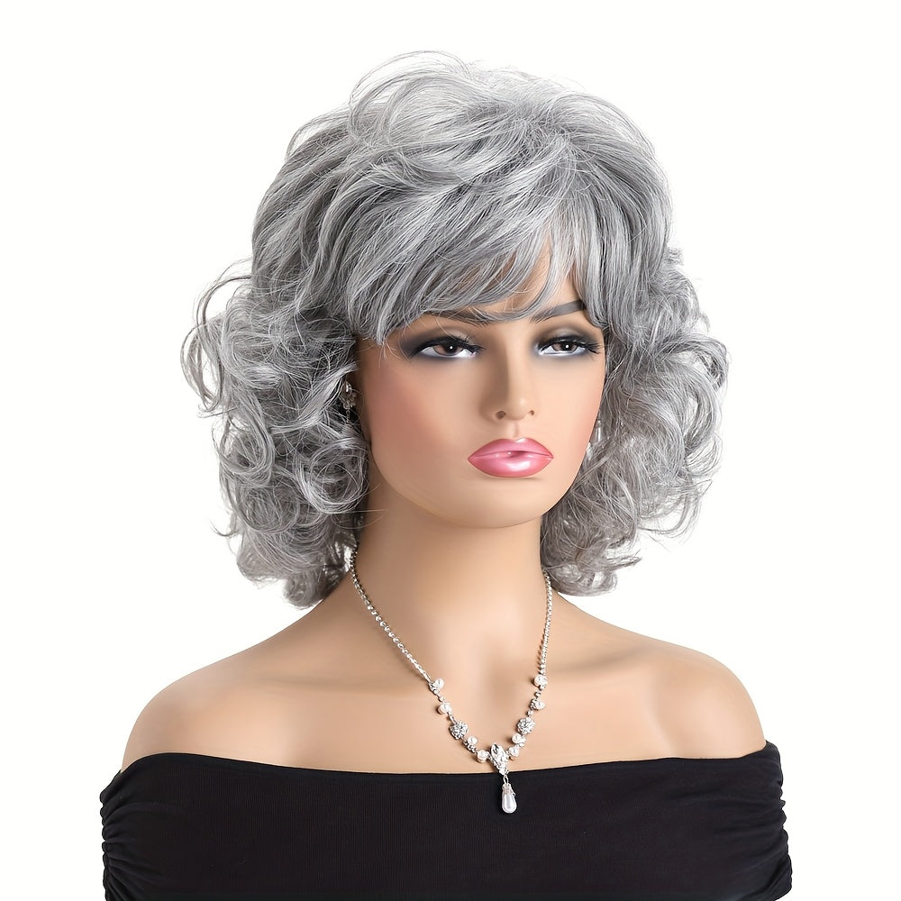 14 Inch Short Curly Hair Mixed With Grey And Slanted Bangs Wig, Made Of Elegant And Heat-resistant Synthetic Fiber Material For Women, Rose Net Wig Headband - Suitable For Daily Wear, Role-playing, Halloween Parties, Music Festivals, Weddings