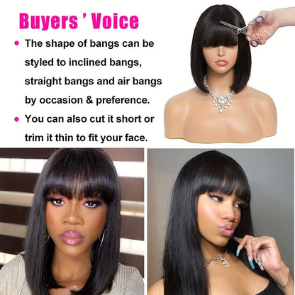 Human Hair Wig with Bangs 250% Density Straight Wig for Women Full Machine Made Wig Natural Black Rose Net Cap Daily Wear Party Festival 10-18 Inch