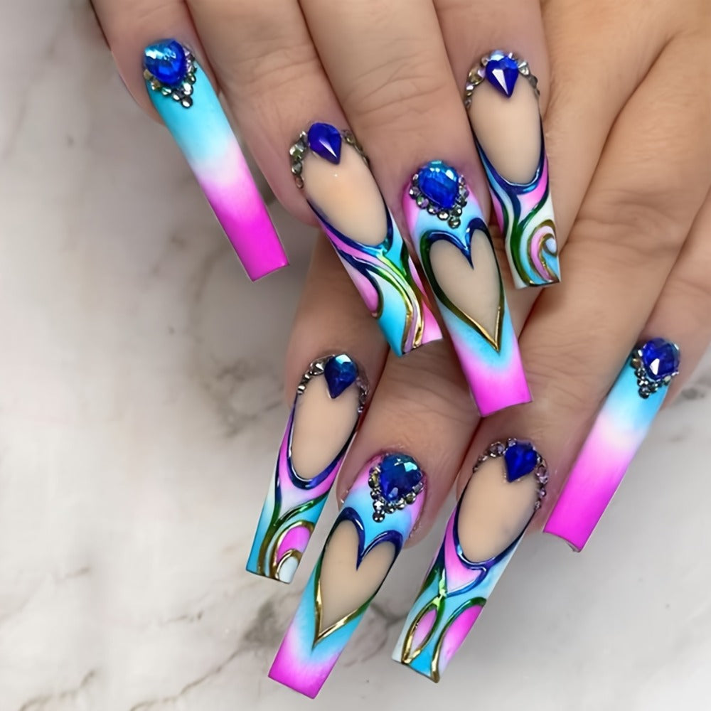 5 Boxes (120pcs Extra Long Press on Nails Fake Nails Set - Cosmic Eyes And Crystal Rhinestones Matte with Glue on Nails Colorful Stripes Floral Patterns Wearable Nail Art Festive Gift Set