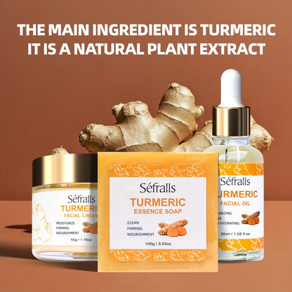 Turmeric Face Cream Set 3Pcs - Facial Cream Soap Essential Oil Skincare Kit Deep Pore Cleansing Moisturizing Oil Control Rich in Turmeric Extract Travel Gift Set