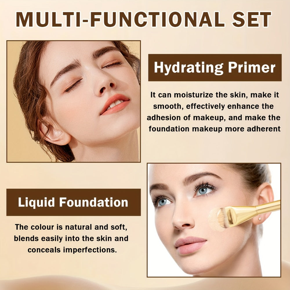 Liquid Foundation & Primer Set — Long-Lasting Silky Smooth Formula | CC Cream BB Cream | Mature Skin | 4 Shades: Natural Beige Nude Porcelain