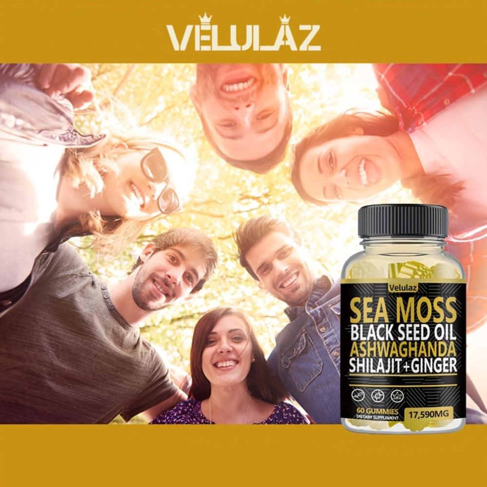 Sea Moss Gummies 10-in-1 Superfood Blend 60 Count - Black Seed Oil Ashwagandha Shilajit Elderberry Turmeric Bladderwrack Ginger Chlorophyll 17590mg - Daily Wellness Supplement