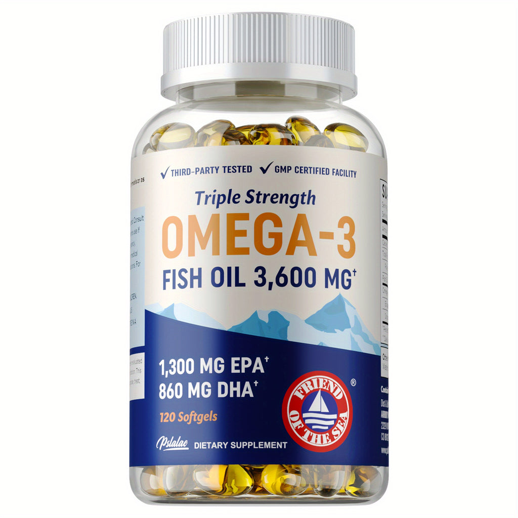 Omega 3 Fish Oil - with EPA & DHA, Omega-3, Triple Strength Omega 3 Fish Oil Supplement, for Eye Brain and Heart Health - 120pcs