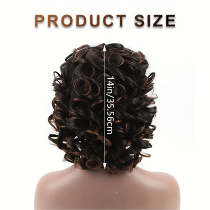 Kinky Curly Afro Wig with Bangs 14 Inch Synthetic Hair Wig for Black Women Ombre 2 Tone Black Brown Golden Natural Volume Daily Wear Hair Replacement Wig