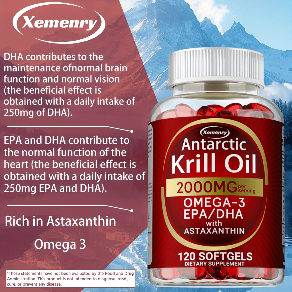 Antarctic Krill Oil - 2000 Mg - Rich in Omega-3 EPA, DHA and Astaxanthin - Supports Bone, Immune Health - 120pcs
