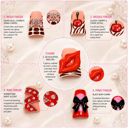 Acrylic Press On Nails Duckbill Short – 3D Red Lips, Skull, Cherry & Bow Rhinestone | Zebra Stripe Polka Dot Sweet Cool Nail Art for Party & Daily Wear, 10pcs S/M/L