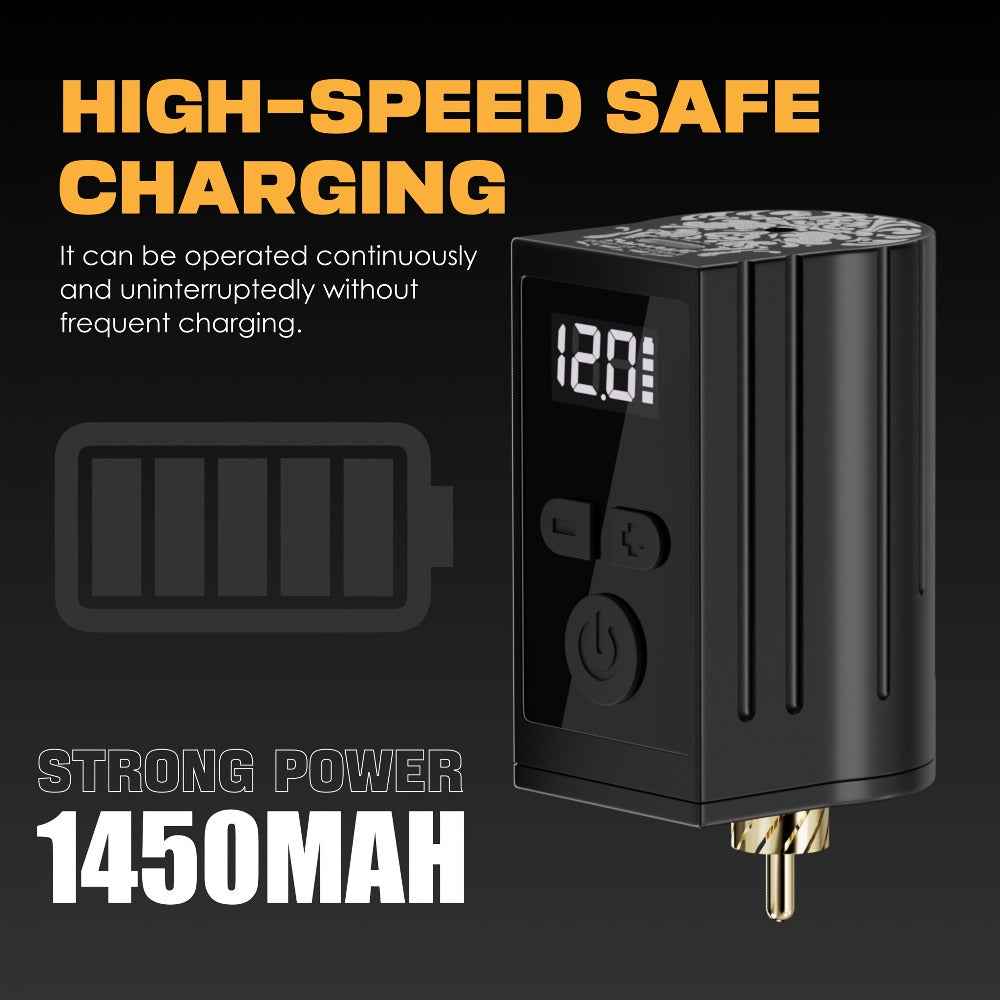 Wireless Tattoo Battery Power Supply 1450mAh — Neebol WX-1 Plus RCA, LED Display, 12V Boost Mode, 6-Hour Runtime, USB-C Charging, for Rotary Machines & PMU Pens