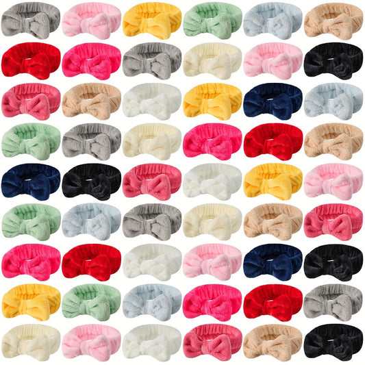 Spa Headbands for Washing Face 52 Pack Soft Coral Fleece Bow Headband Fluffy Makeup Headband for Women Skincare Shower Facial Cosmetic Headbands 13 Colors Bulk Set Slumber Party Supplies