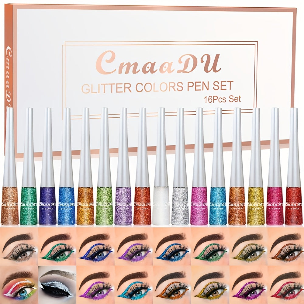 Glitter Liquid Eyeliner Set 16 Colors Sparkling Eye Liner Kit Waterproof Long Lasting Party Stage Festival Makeup Beauty Tool