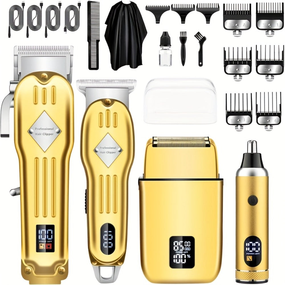 Grooming Combo Set for Men Hair Clipper Foil Shaver Detail Trimmer Adjustable Blades USB Rechargeable LCD Display Complete Accessories Home Barbershop Kit
