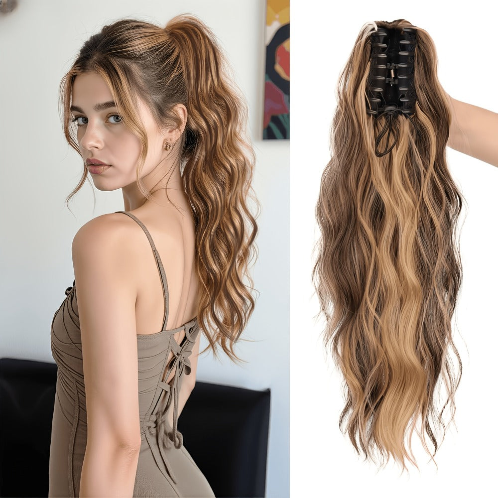 Curly Water Wave Ponytail Extension 16 Inch - Heat Resistant Synthetic Clip In Hairpiece Voluminous Claw Clip Ponytail for Women Daily Wear Festive Occasions Black Burgundy Brown Golden